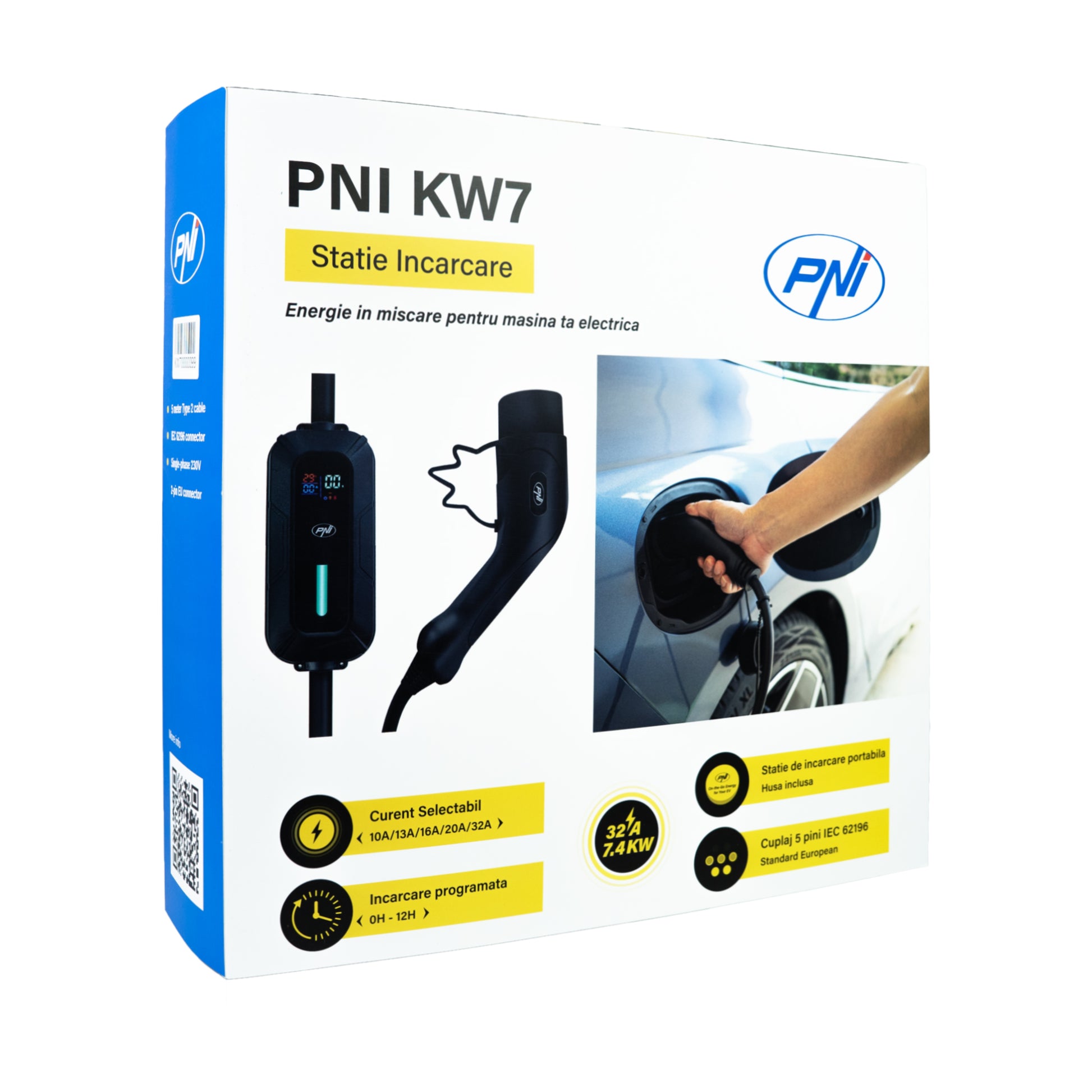 Incarcator portabil PNI KW7 32A, 7.4KW, pentru masini electrice, 230V, monofazat, cablu Type 2 cu conector 5 pini, cu temporizare, IP66