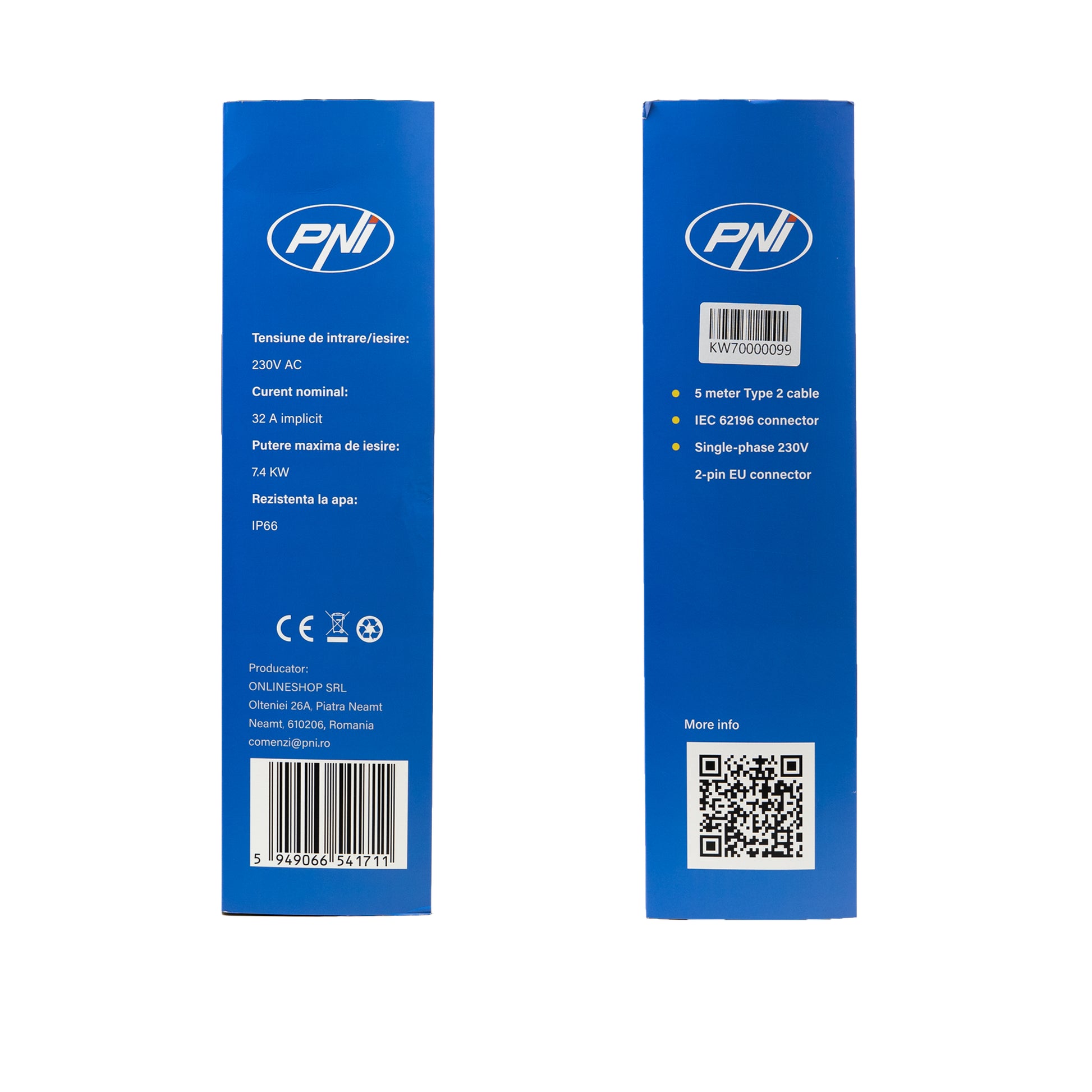 Incarcator portabil PNI KW7 32A, 7.4KW, pentru masini electrice, 230V, monofazat, cablu Type 2 cu conector 5 pini, cu temporizare, IP66