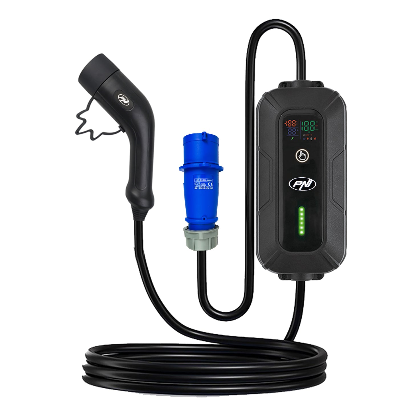 Incarcator portabil PNI KW7 32A, 7.4KW, pentru masini electrice, 230V, monofazat, cablu Type 2 cu conector 5 pini, cu temporizare, IP66