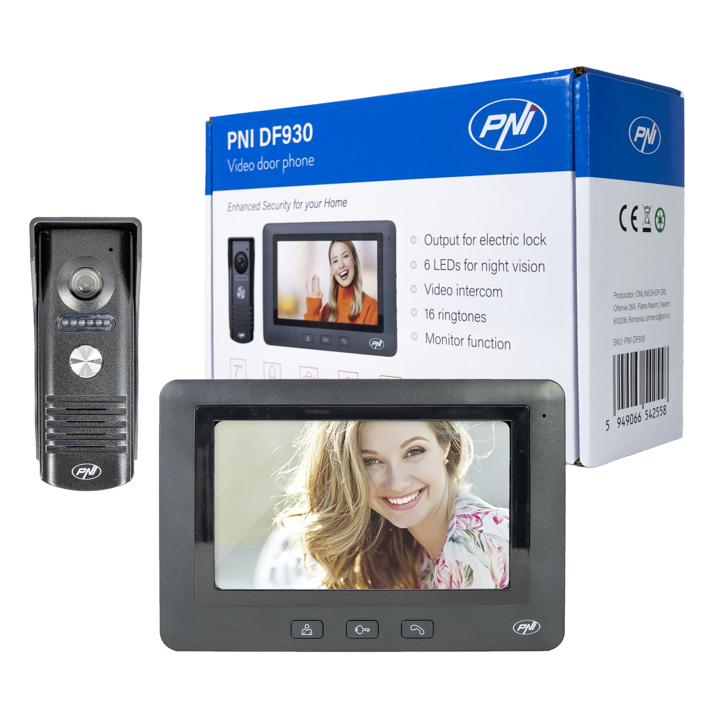 Interfon video PNI DF930 cu 1 monitor, ecran LCD 7 inch, 800x480, iesire yala electromagnetica, negru