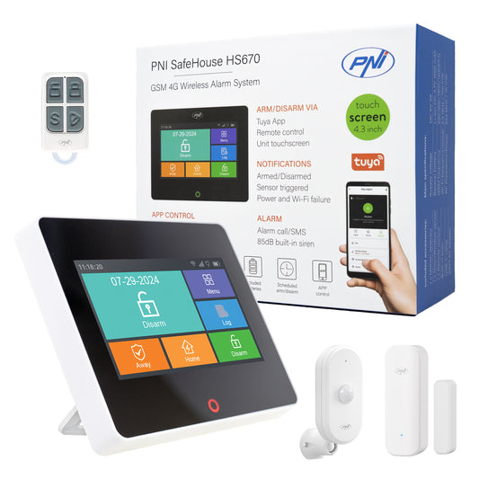 Sistem de alarma wireless PNI SafeHouse HS670 WiFi GSM 4G, ecran color tactil, 99 zone wireless, suporta 5 numere de telefon, apel si SMS de alarma, compatibil cu aplicatia Tuya Smart