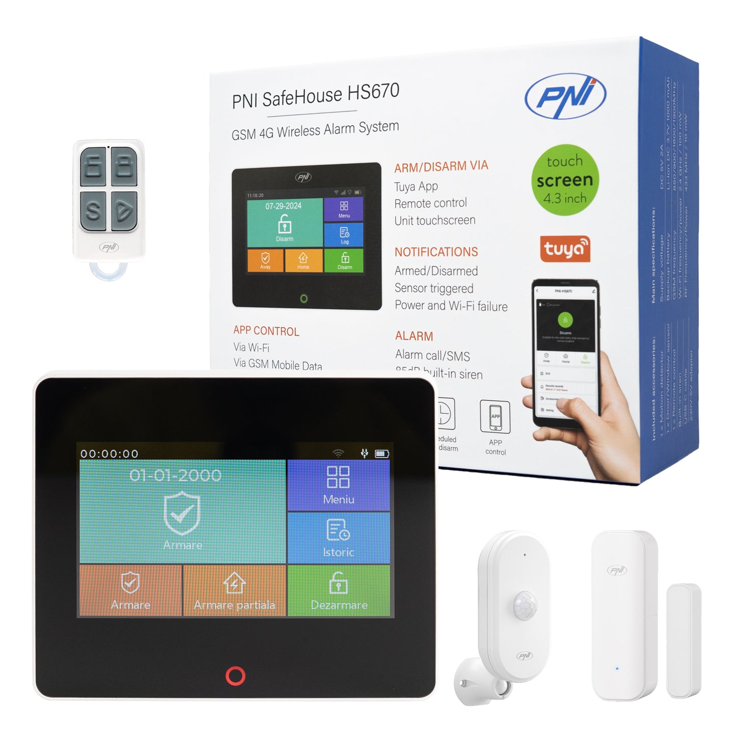 Sistem de alarma wireless PNI SafeHouse HS670 WiFi GSM 4G, ecran color tactil, 99 zone wireless, suporta 5 numere de telefon, apel si SMS de alarma, compatibil cu aplicatia Tuya Smart