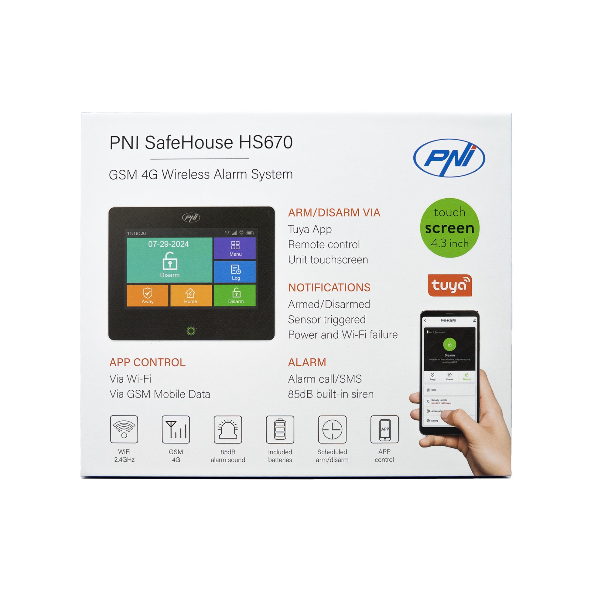 Sistem de alarma wireless PNI SafeHouse HS670 WiFi GSM 4G, ecran color tactil, 99 zone wireless, suporta 5 numere de telefon, apel si SMS de alarma, compatibil cu aplicatia Tuya Smart