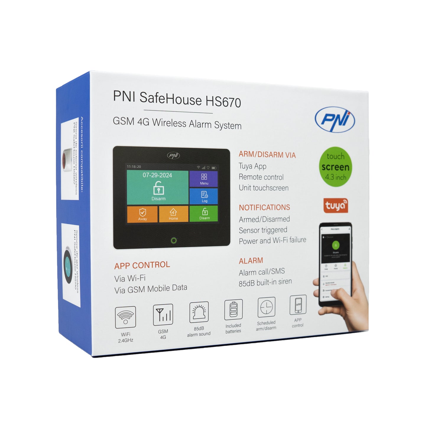 Sistem de alarma wireless PNI SafeHouse HS670 WiFi GSM 4G, ecran color tactil, 99 zone wireless, suporta 5 numere de telefon, apel si SMS de alarma, compatibil cu aplicatia Tuya Smart