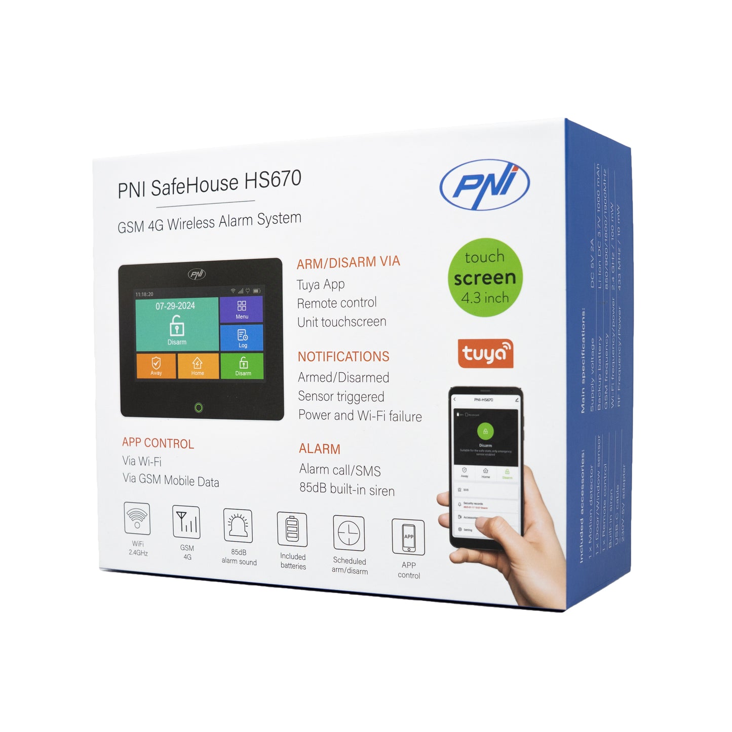 Sistem de alarma wireless PNI SafeHouse HS670 WiFi GSM 4G, ecran color tactil, 99 zone wireless, suporta 5 numere de telefon, apel si SMS de alarma, compatibil cu aplicatia Tuya Smart