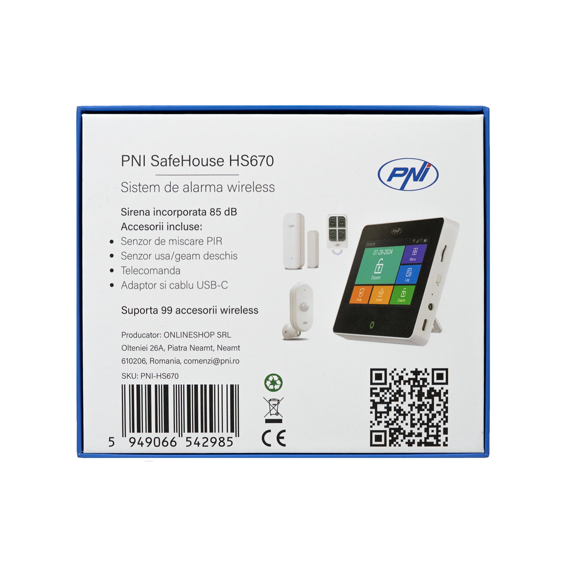 Sistem de alarma wireless PNI SafeHouse HS670 WiFi GSM 4G, ecran color tactil, 99 zone wireless, suporta 5 numere de telefon, apel si SMS de alarma, compatibil cu aplicatia Tuya Smart