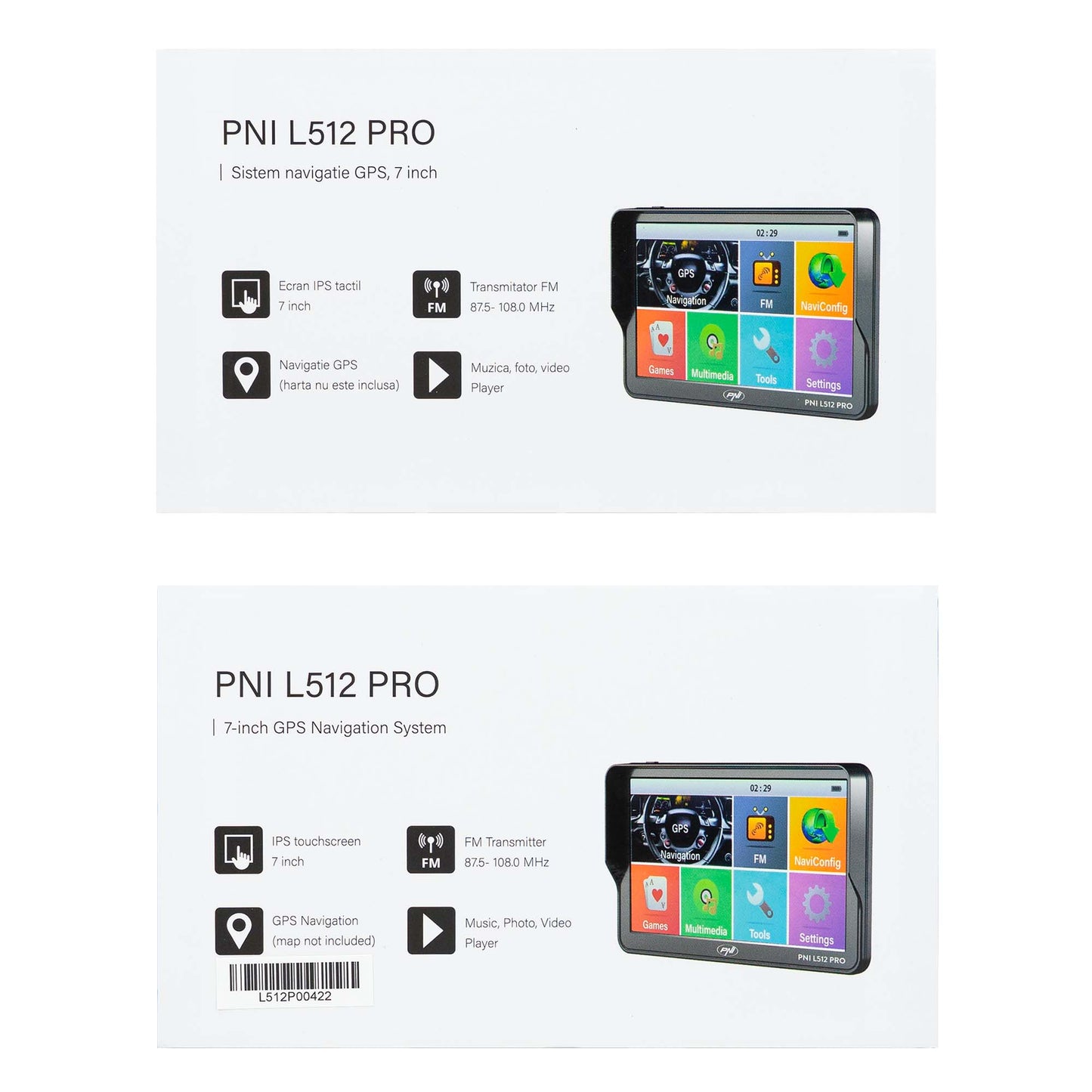 Sistem de navigatie GPS PNI L512 PRO cu parasolar, 7 inch, 800 MHz, 512MB DDR, 16GB memorie interna, FM transmitter