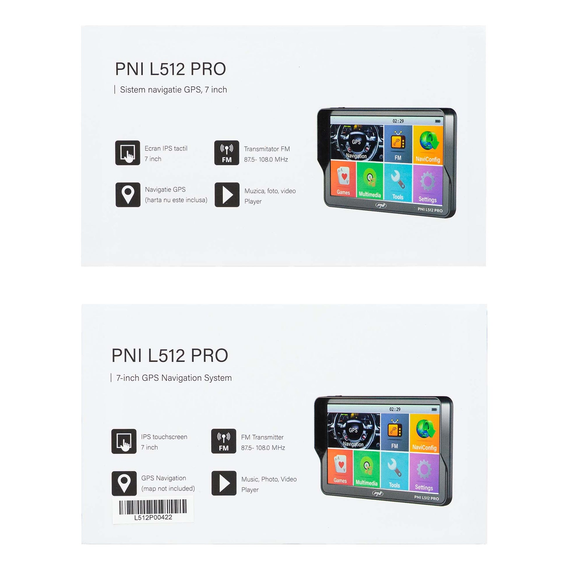 Sistem de navigatie GPS PNI L512 PRO cu parasolar, 7 inch, 800 MHz, 512MB DDR, 16GB memorie interna, FM transmitter
