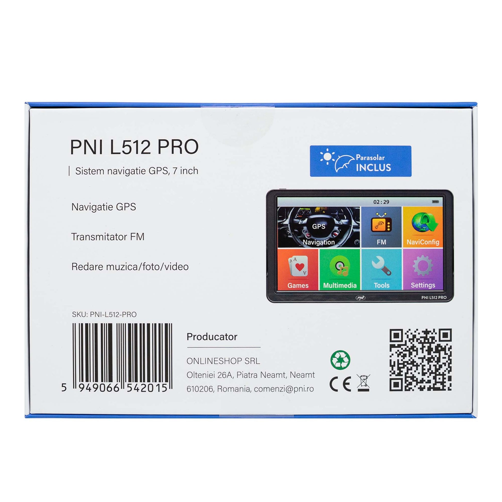 Sistem de navigatie GPS PNI L512 PRO cu parasolar, 7 inch, 800 MHz, 512MB DDR, 16GB memorie interna, FM transmitter