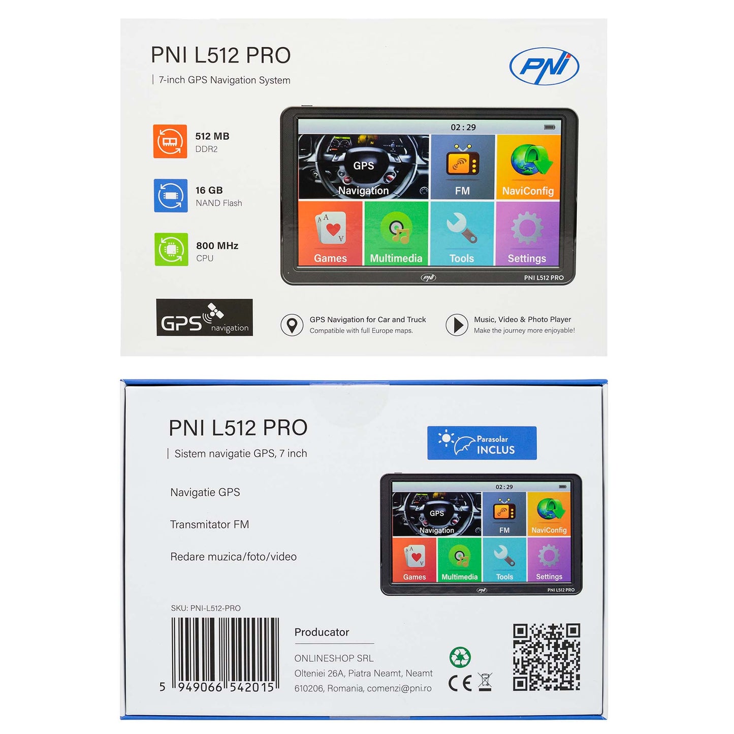 Sistem de navigatie GPS PNI L512 PRO cu parasolar, 7 inch, 800 MHz, 512MB DDR, 16GB memorie interna, FM transmitter