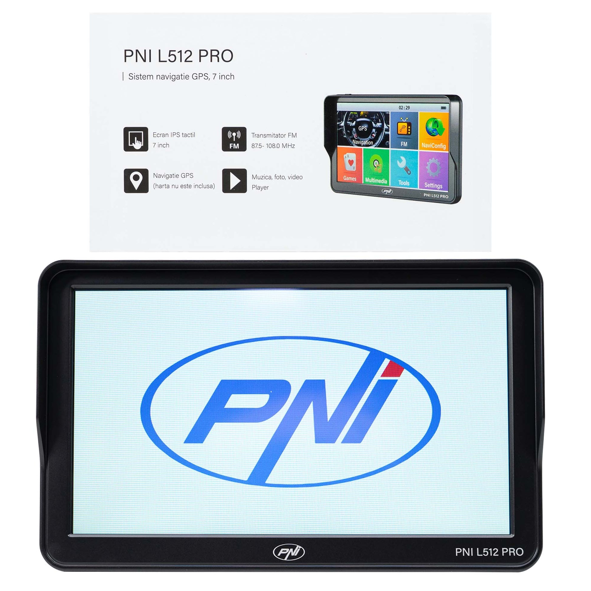 Sistem de navigatie GPS PNI L512 PRO cu parasolar, 7 inch, 800 MHz, 512MB DDR, 16GB memorie interna, FM transmitter