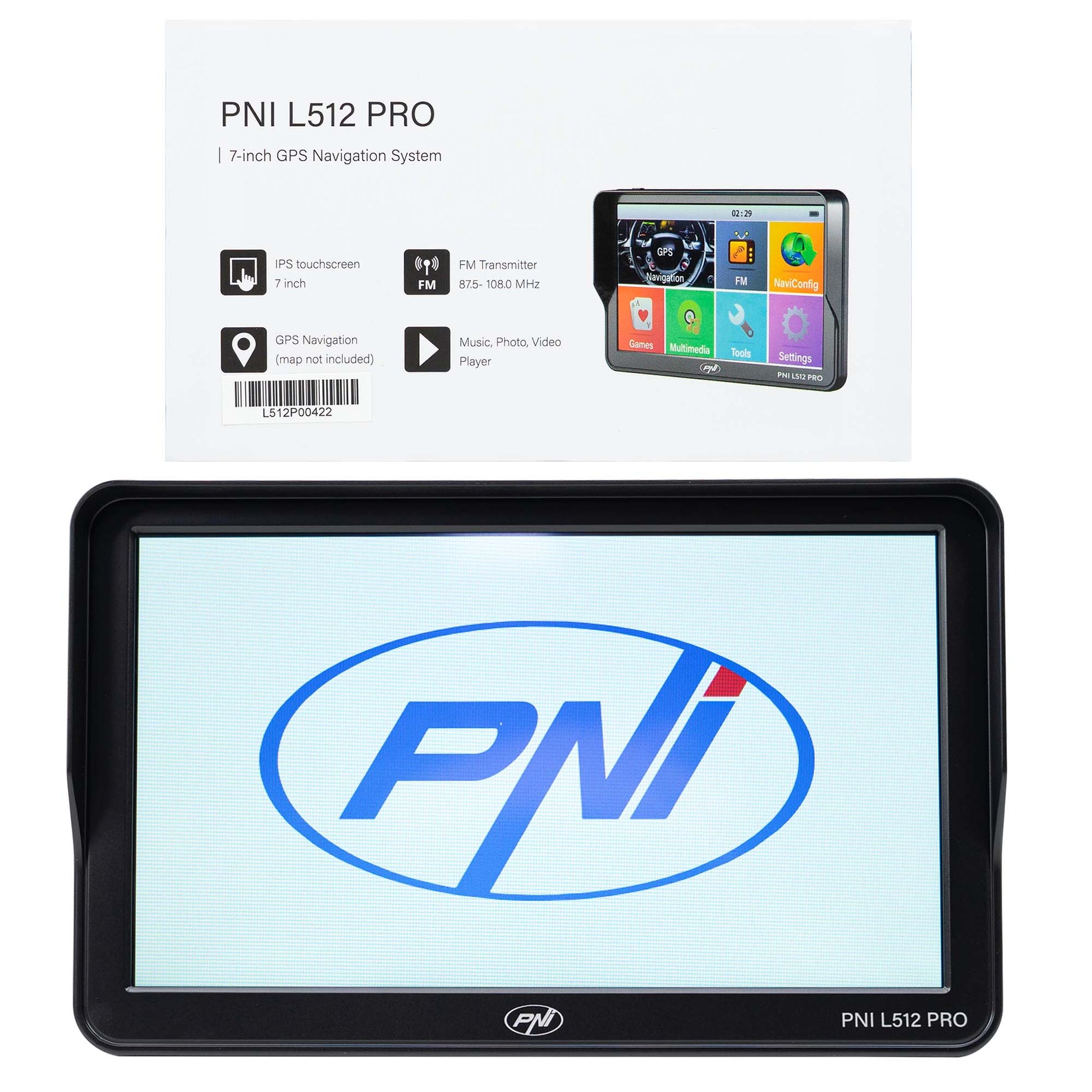 Sistem de navigatie GPS PNI L512 PRO cu parasolar, 7 inch, 800 MHz, 512MB DDR, 16GB memorie interna, FM transmitter