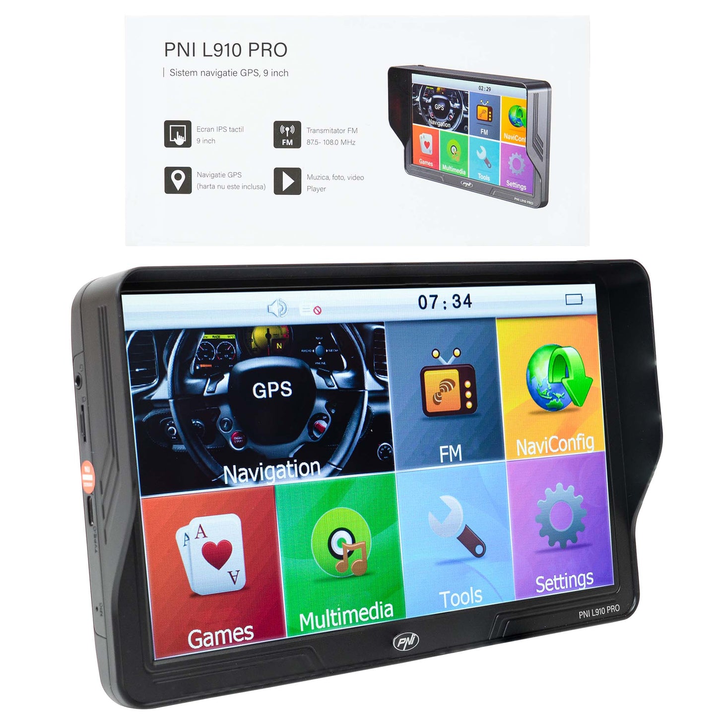 Sistem de navigatie GPS PNI L910 PRO cu parasolar, 9 inch, 800 MHz, 512MB DDR, 16GB memorie interna, FM transmitter, negru