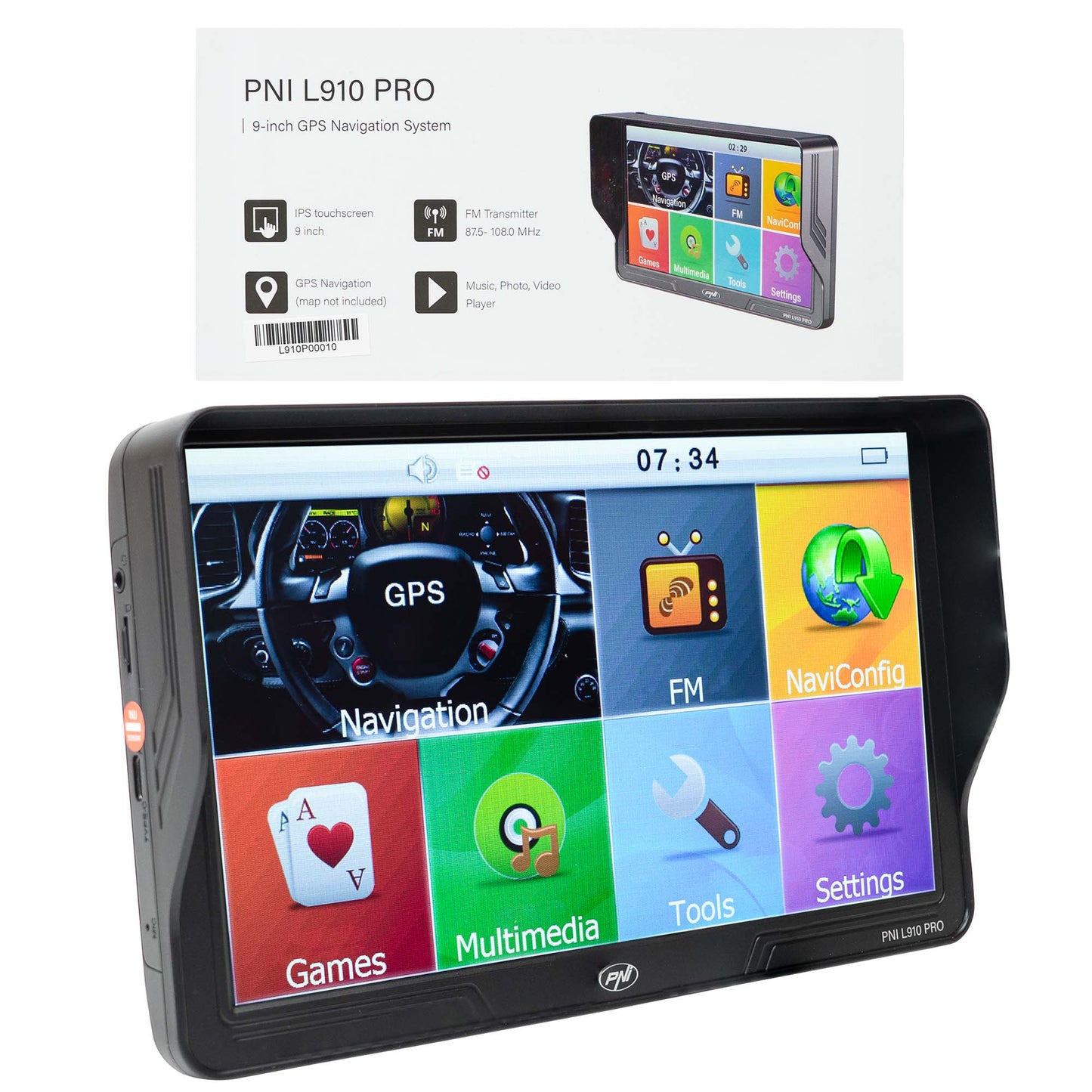 Sistem de navigatie GPS PNI L910 PRO cu parasolar, 9 inch, 800 MHz, 512MB DDR, 16GB memorie interna, FM transmitter, negru