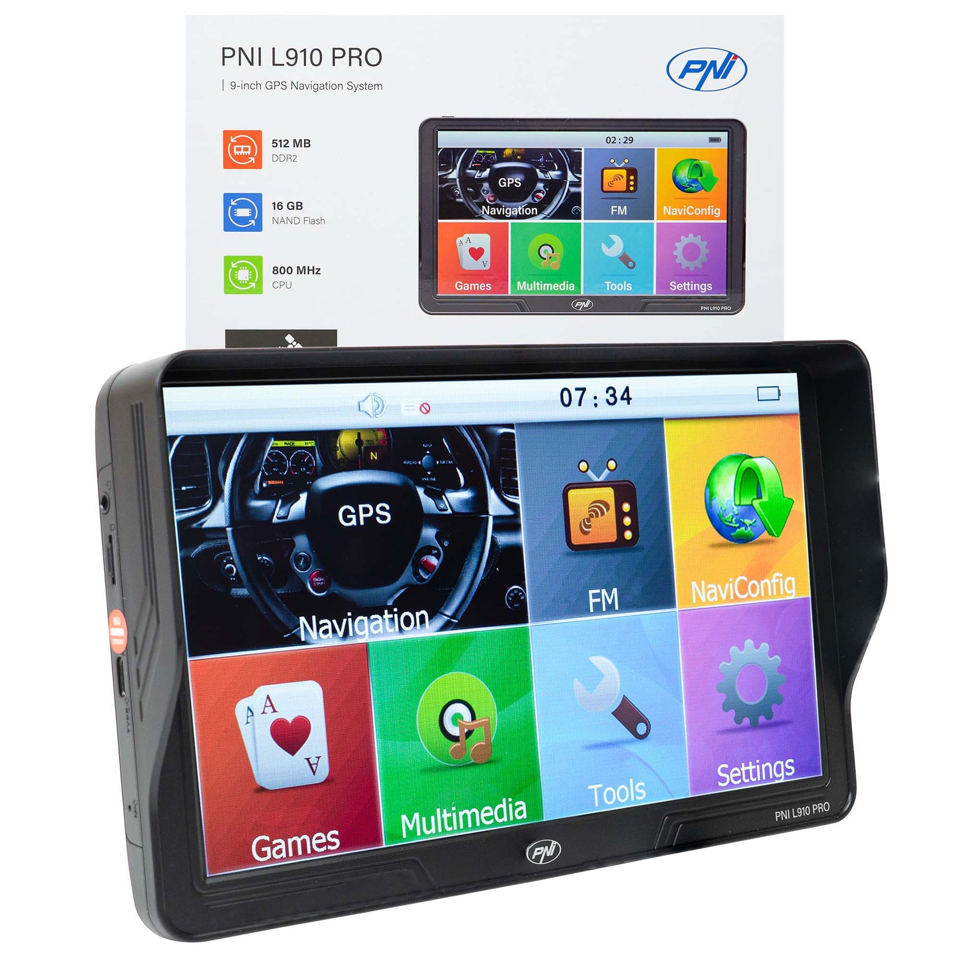 Sistem de navigatie GPS PNI L910 PRO cu parasolar, 9 inch, 800 MHz, 512MB DDR, 16GB memorie interna, FM transmitter, negru