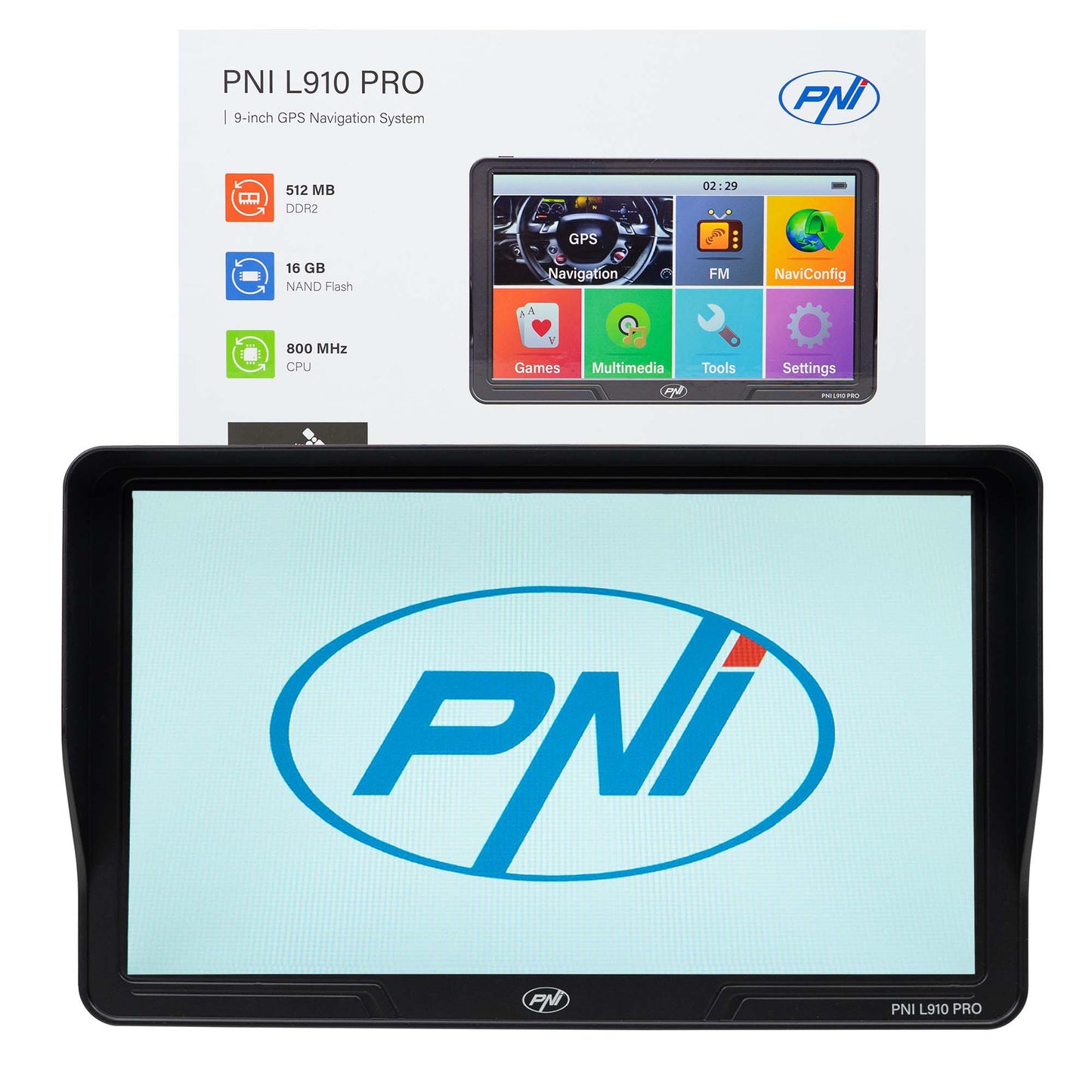 Sistem de navigatie GPS PNI L910 PRO cu parasolar, 9 inch, 800 MHz, 512MB DDR, 16GB memorie interna, FM transmitter, negru