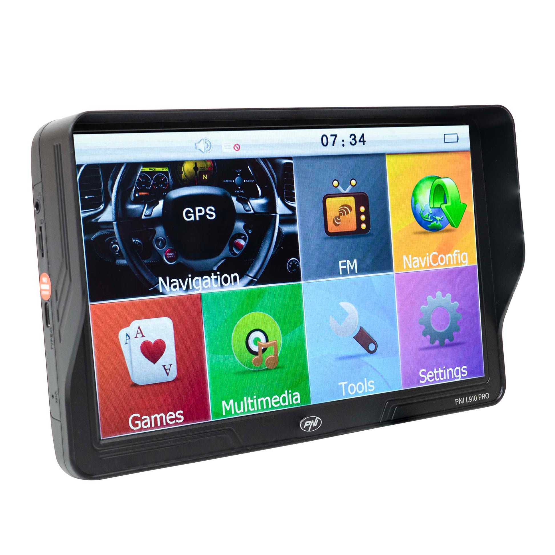 Sistem de navigatie GPS PNI L910 PRO cu parasolar, 9 inch, 800 MHz, 512MB DDR, 16GB memorie interna, FM transmitter, negru