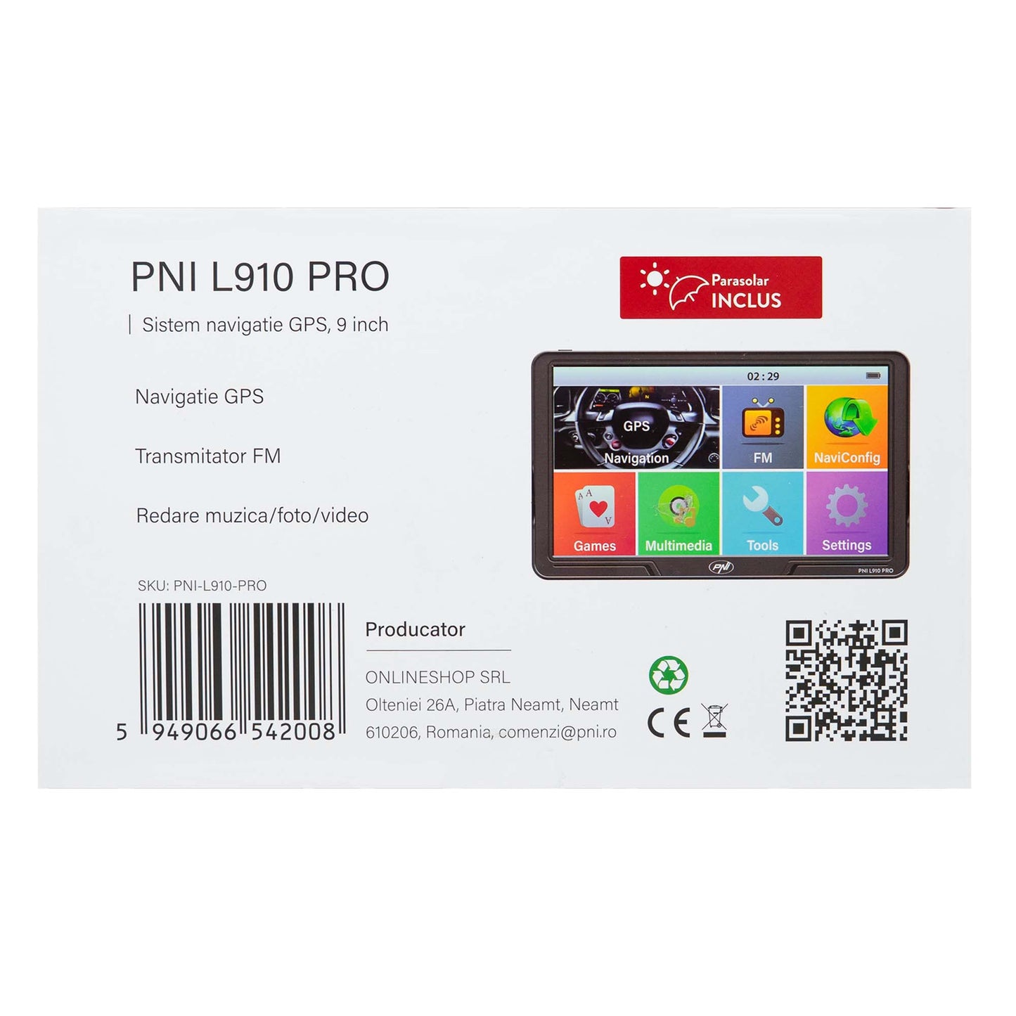 Sistem de navigatie GPS PNI L910 PRO cu parasolar, 9 inch, 800 MHz, 512MB DDR, 16GB memorie interna, FM transmitter, negru