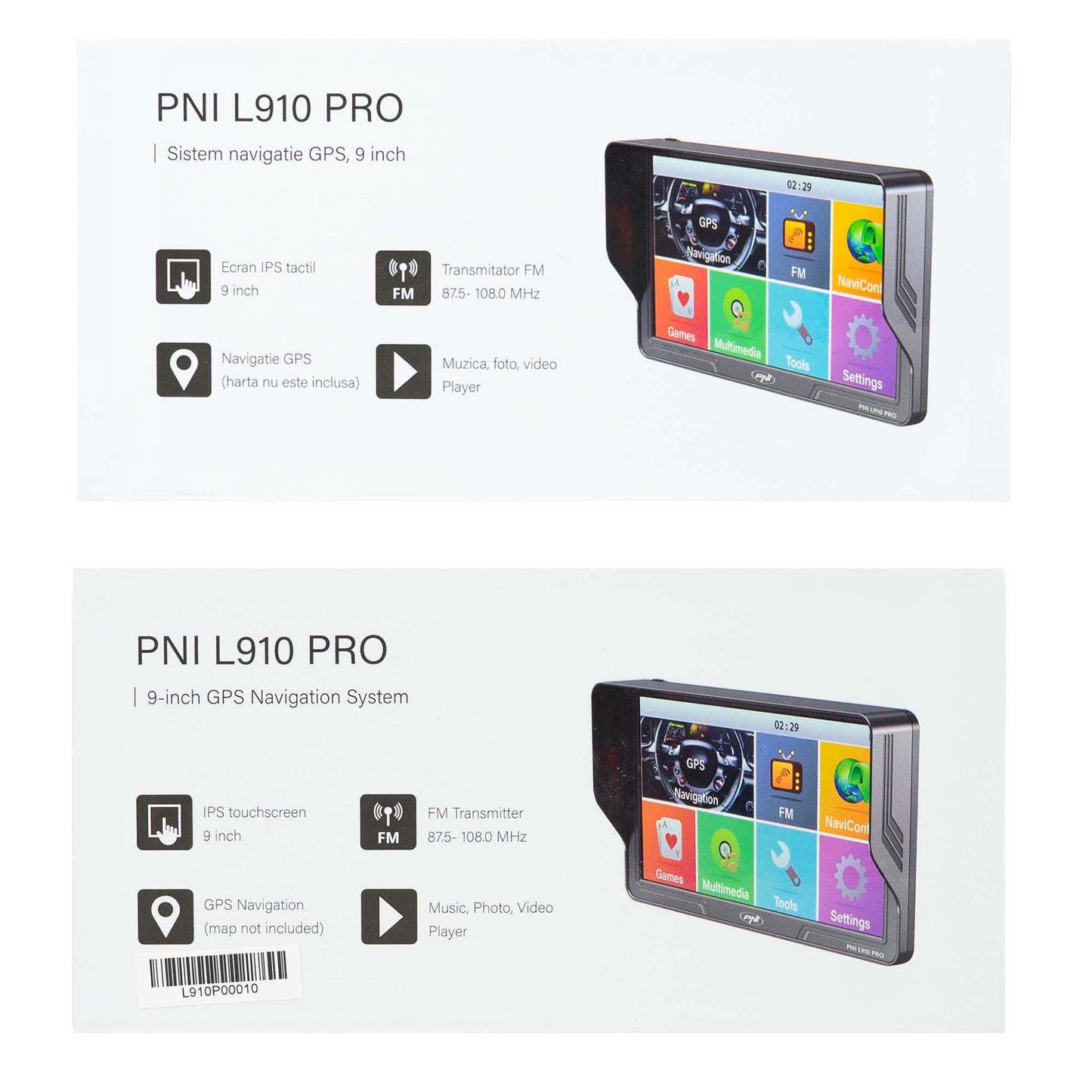 Sistem de navigatie GPS PNI L910 PRO cu parasolar, 9 inch, 800 MHz, 512MB DDR, 16GB memorie interna, FM transmitter, negru