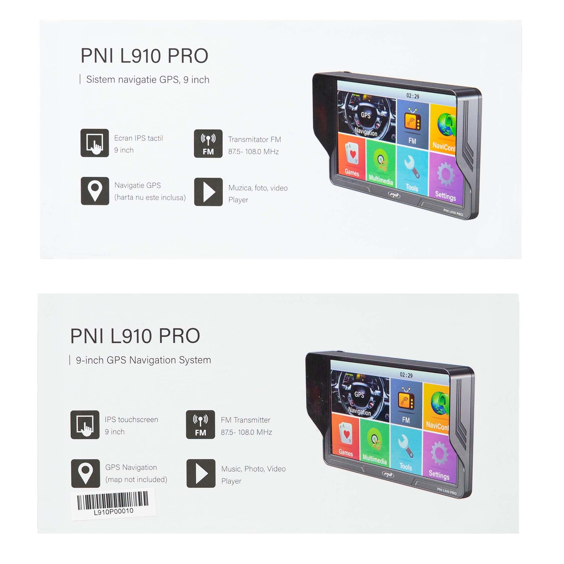 Sistem de navigatie GPS PNI L910 PRO cu parasolar, 9 inch, 800 MHz, 512MB DDR, 16GB memorie interna, FM transmitter, negru