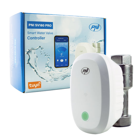Valva inteligenta pentru apa PNI SV180 PRO, conectivitate Wi-Fi, IP65, DN20, 3/4 aplicatie Tuya, compatibil cu Amazon Alexa si Google Home, masoara consumul de apa, flow meter