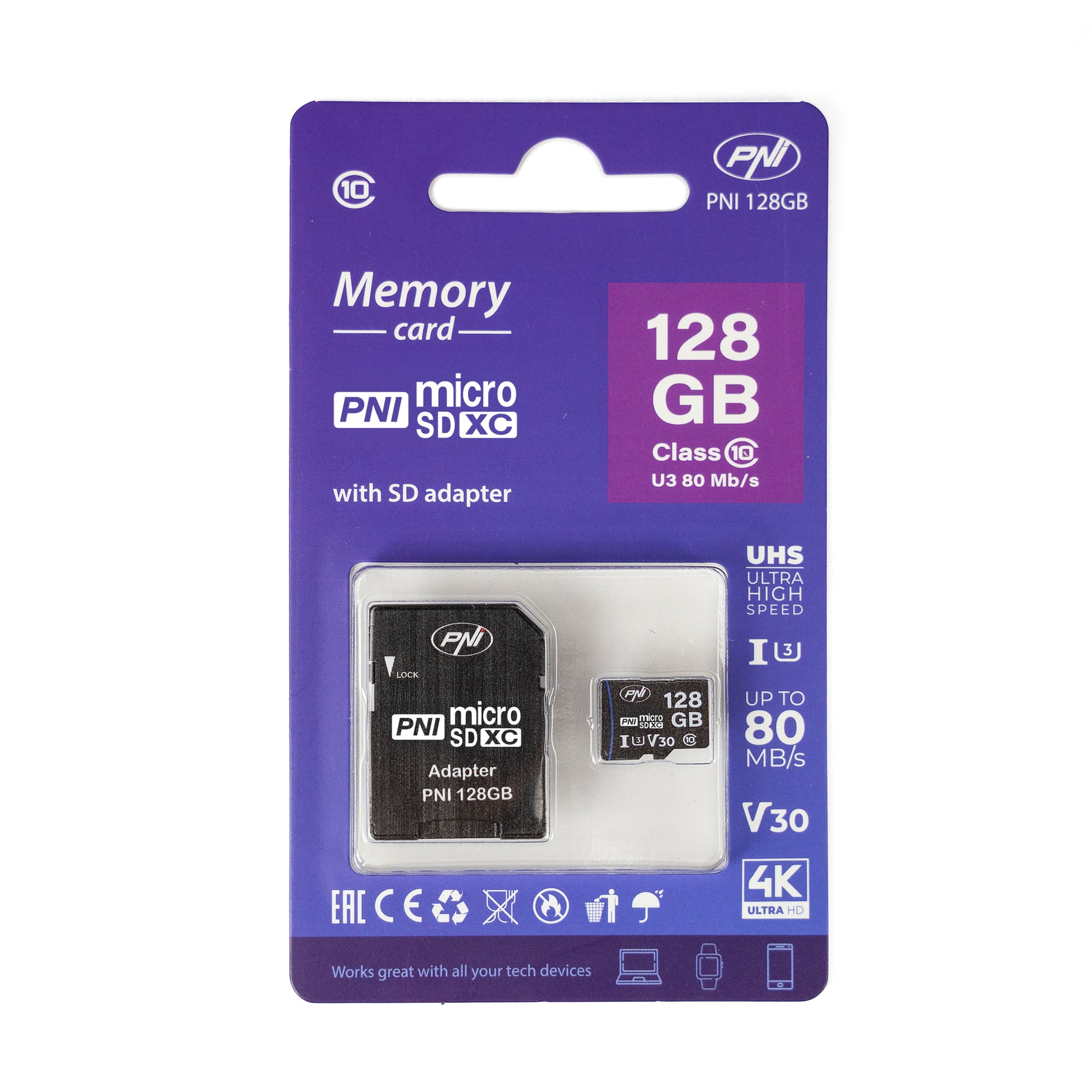 Card de memorie MicroSD PNI 128GB cu adaptor SD, Clasa 10, 80 Mb/s, V30