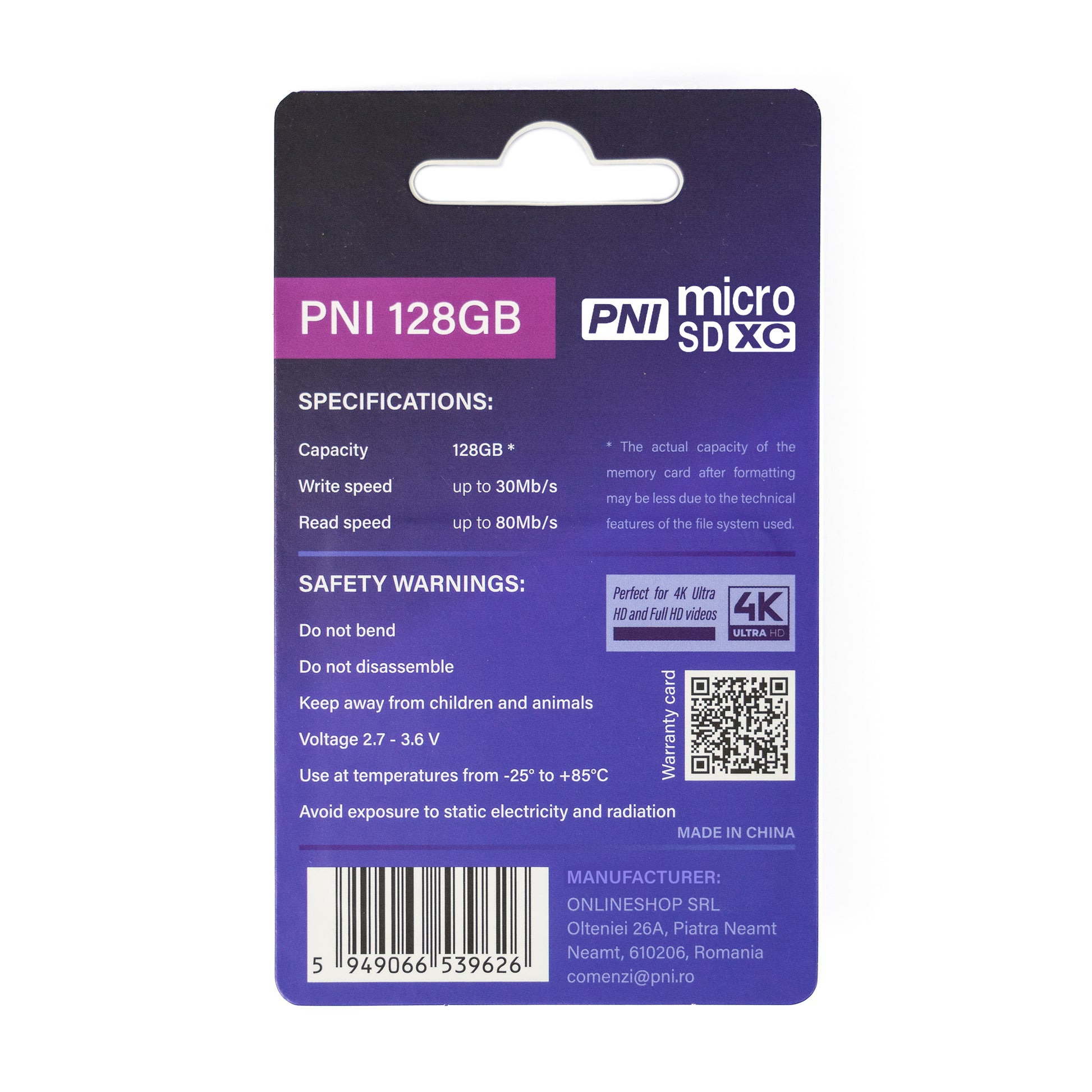 Card de memorie MicroSD PNI 128GB cu adaptor SD, Clasa 10, 80 Mb/s, V30