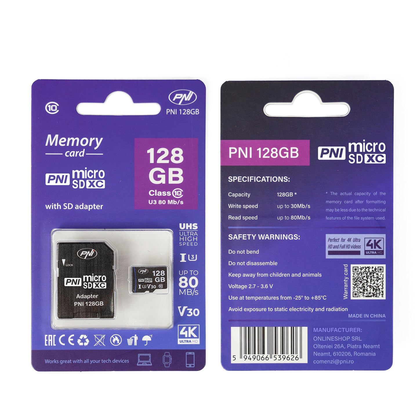 Card de memorie MicroSD PNI 128GB cu adaptor SD, Clasa 10, 80 Mb/s, V30
