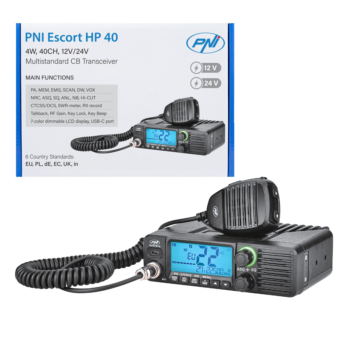 Statie radio CB PNI Escort HP 40 multistandard, 4W, AM, FM, 12-24V, ASQ, RF Gain
