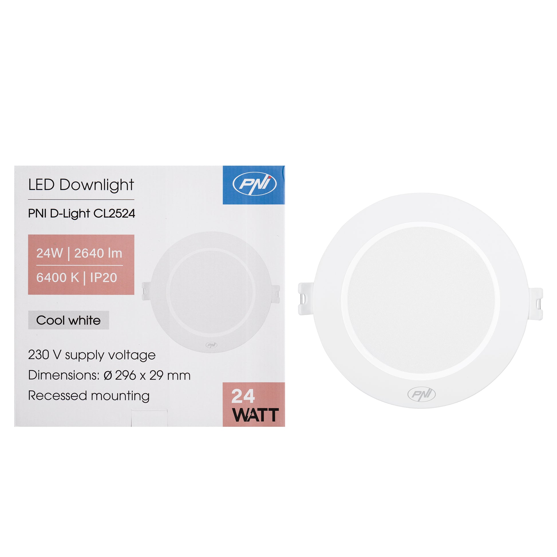 Spot LED PNI D-Light CL2524 24W, incastrabil, rotund 29 cm, 6400K, alimentare 230V, 2640 lm, alb rece