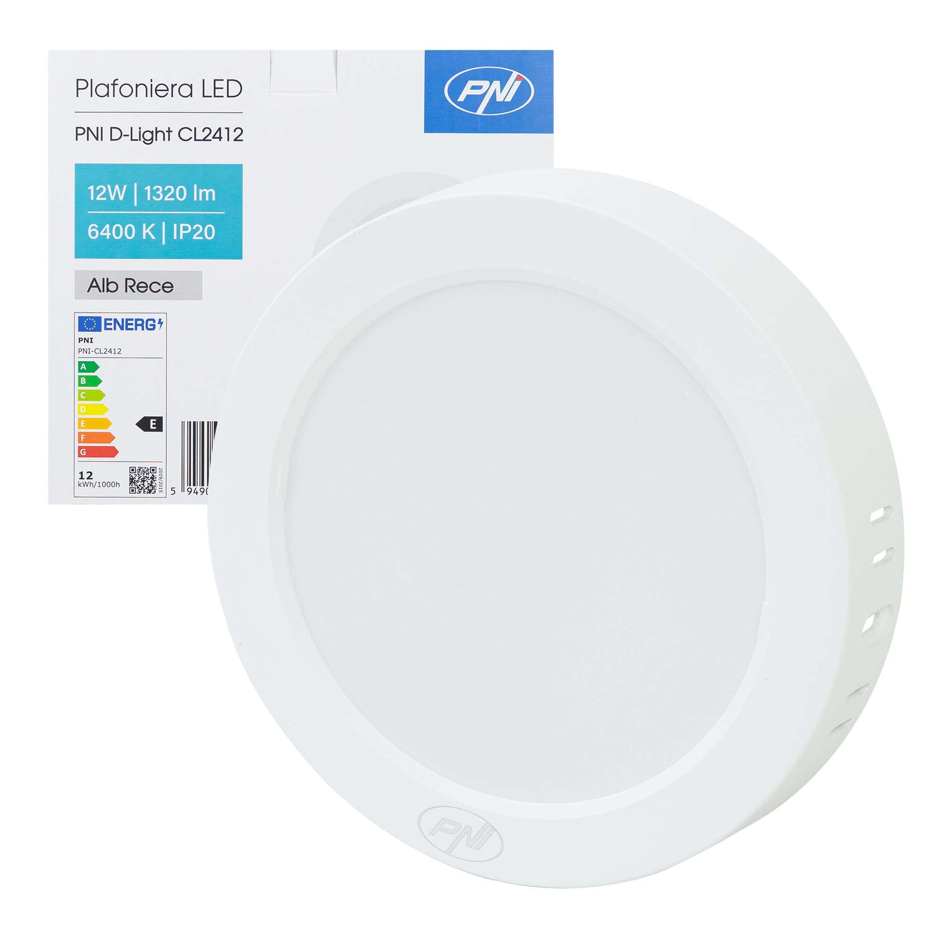 Plafoniera LED PNI D-Light CL2412 12W, rotunda 16.7 cm, 6400K, alimentare 230V, 1320 lm, alb rece