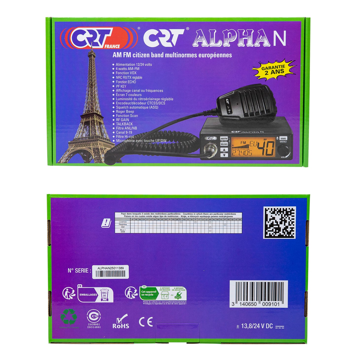 Statie radio CB CRT Alpha N ASQ, 4W, NRC, Echo, RF Gain, Roger Beep, display color, 12V-24V