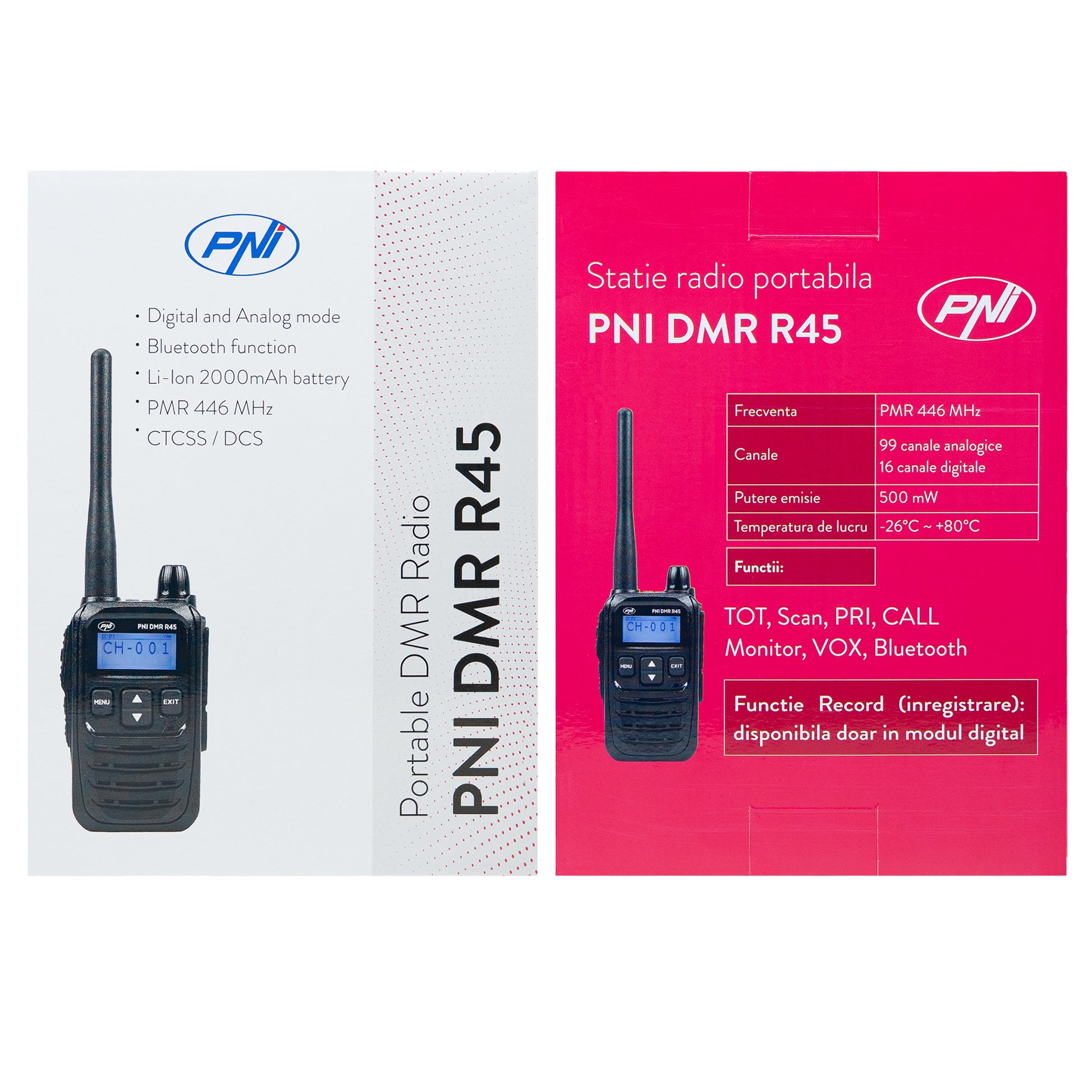 Statie radio portabila PNI DMR R45, digital si analogic, 446MHz, 16 canale digitale si 99 canale analogice, functie inregistrare voce, baterie Li-Ion 2000mAh