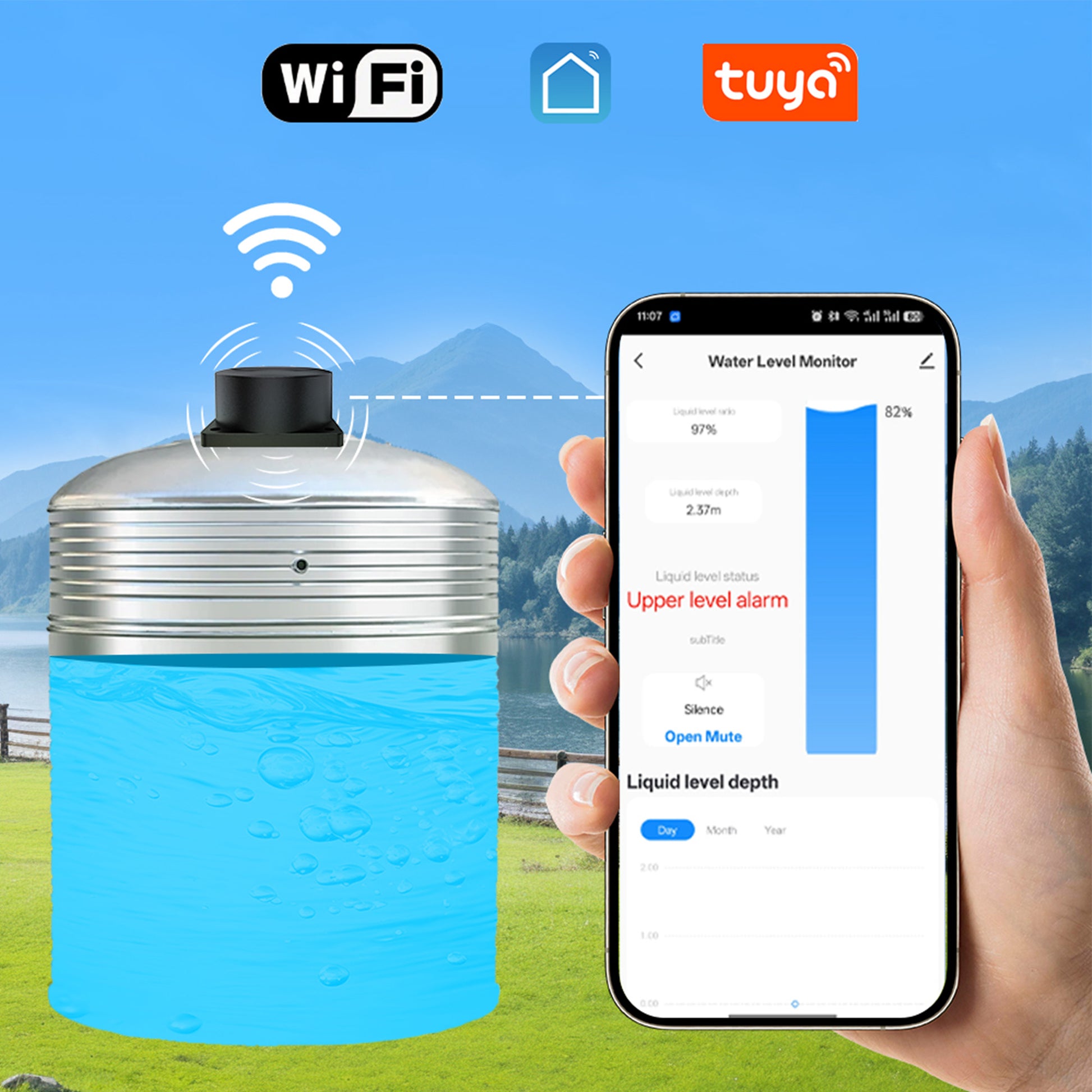 Senzor inteligent cu ultrasunete PNI SafeHome PT255S WiFi pentru nivel lichid pana la 4m aplicatie de mobil Tuya Smart