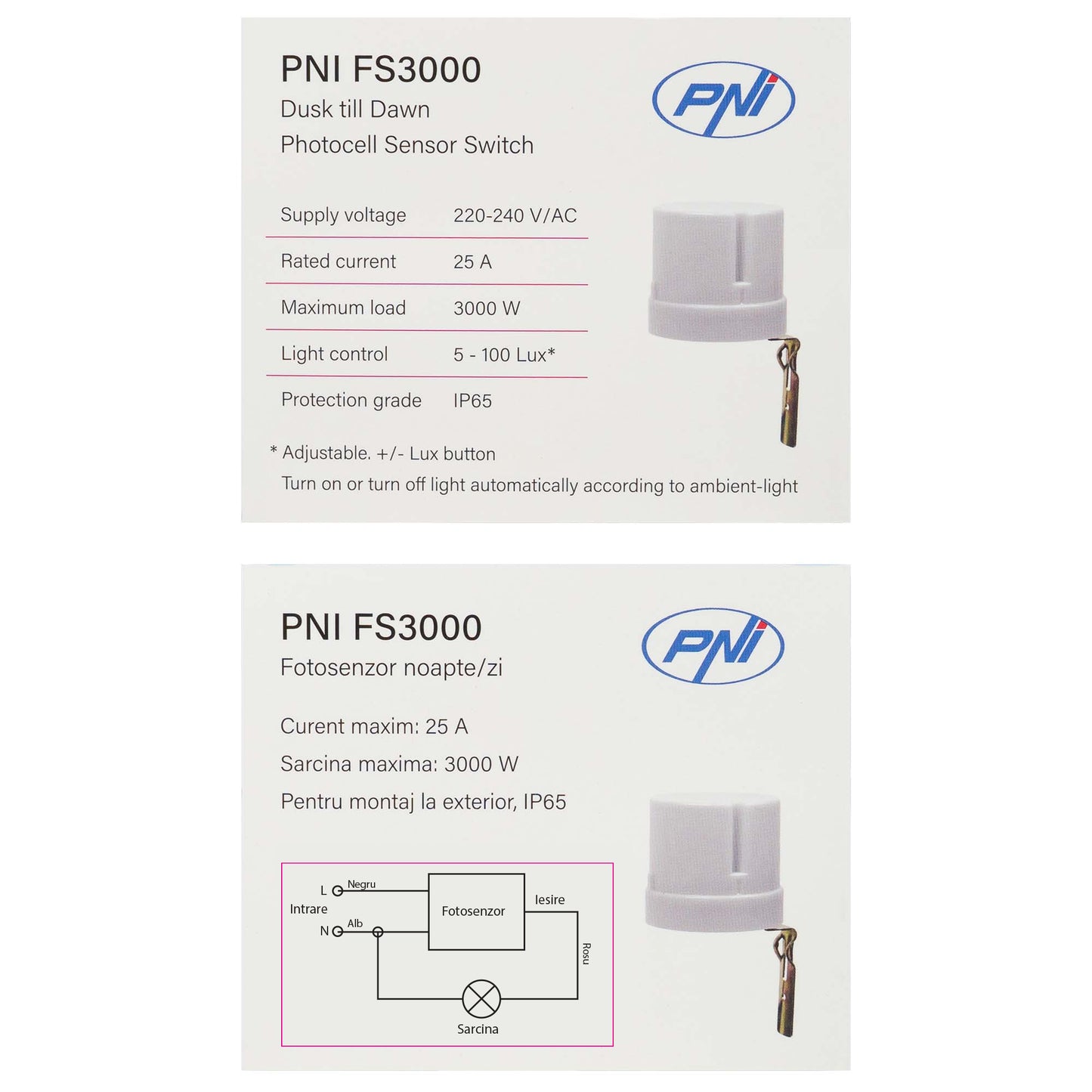 Fotosenzor noapte/zi PNI FS3000 25A, 3000W, de exterior