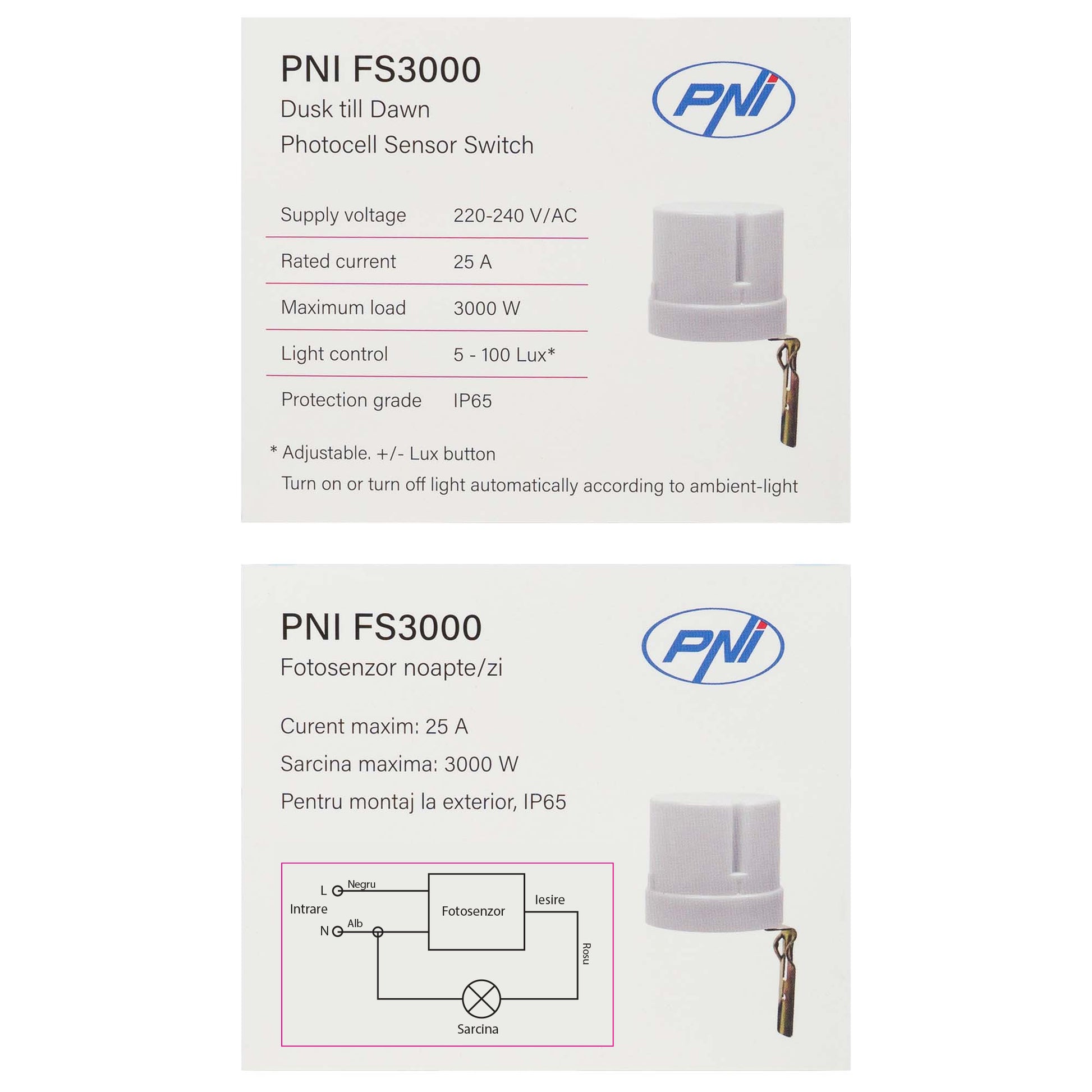 Fotosenzor noapte/zi PNI FS3000 25A, 3000W, de exterior