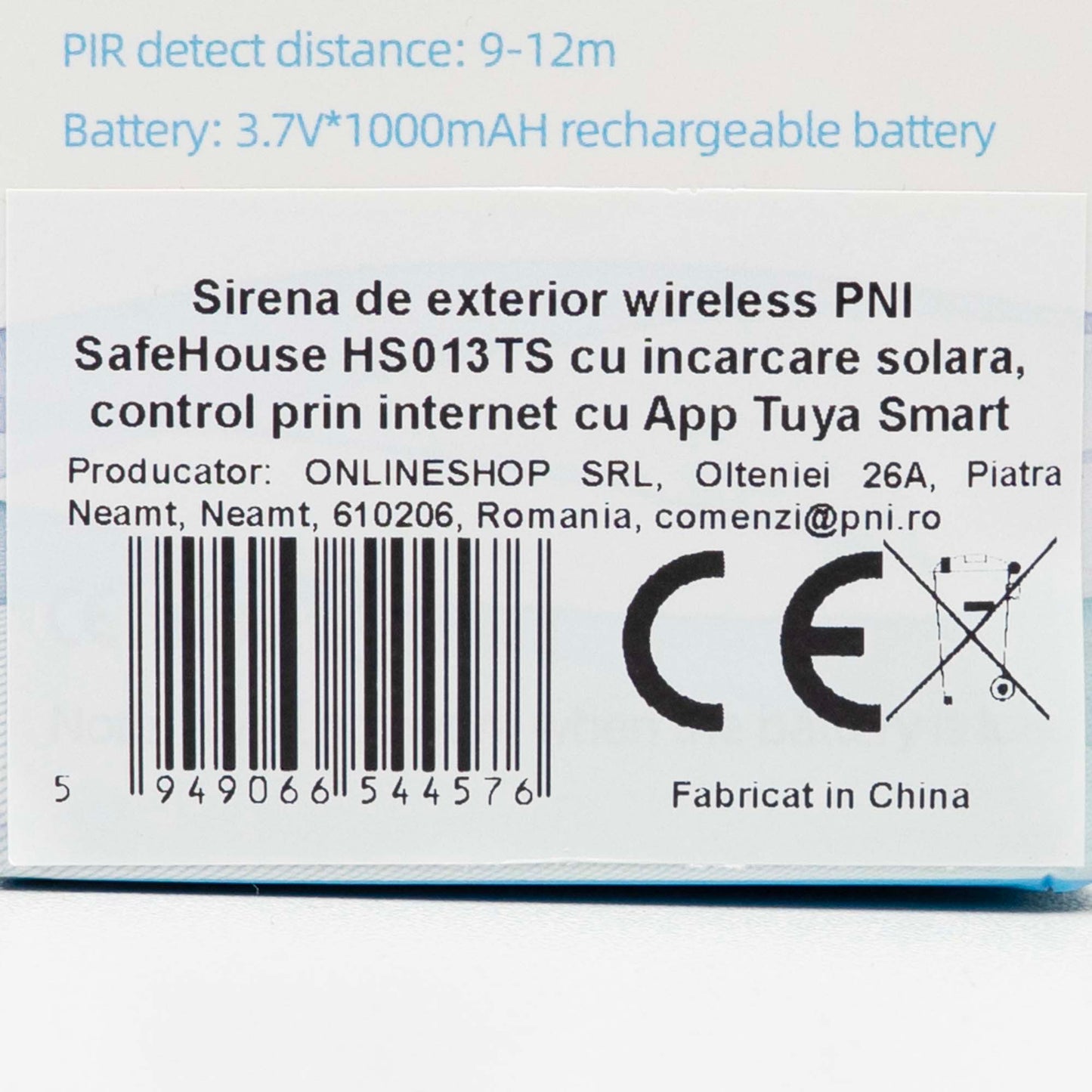 Sirena de exterior wireless PNI SafeHouse HS013TS cu incarcare solara, control prin Tuya Smart, 120dB, acumulator 1000mAh, unghi PIR 110°