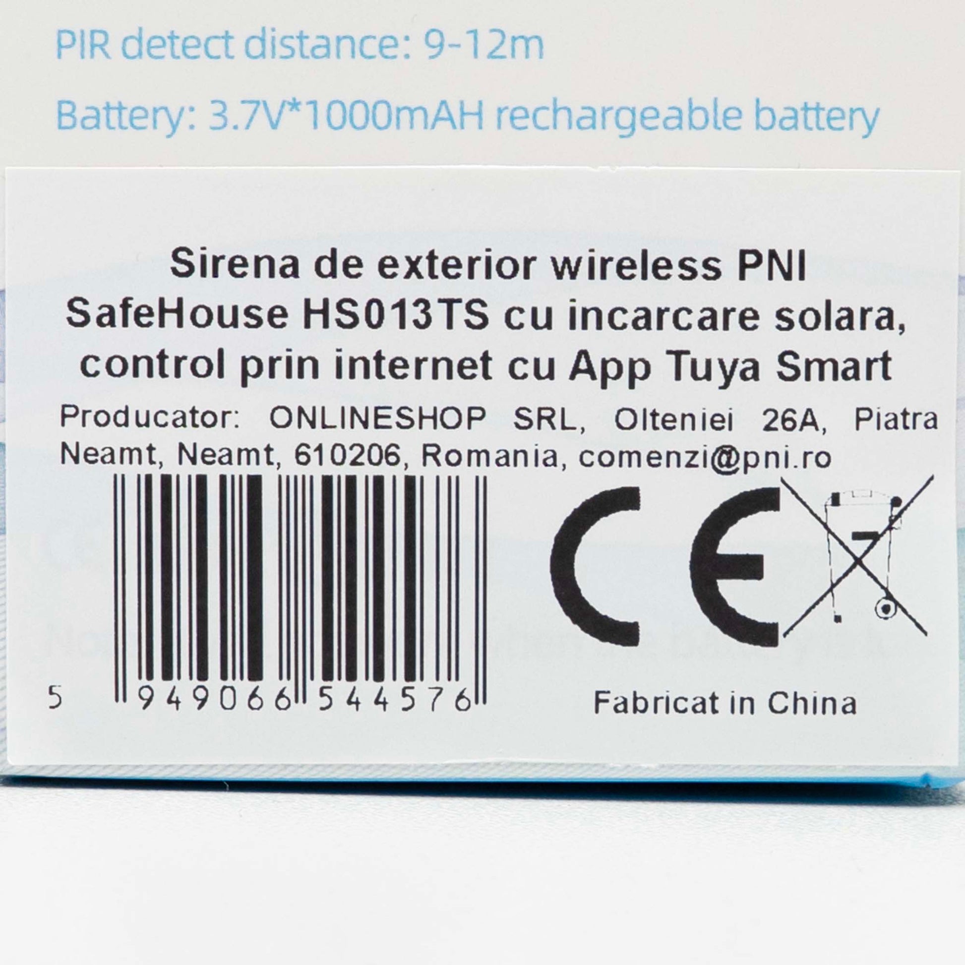 Sirena de exterior wireless PNI SafeHouse HS013TS cu incarcare solara, control prin Tuya Smart, 120dB, acumulator 1000mAh, unghi PIR 110°